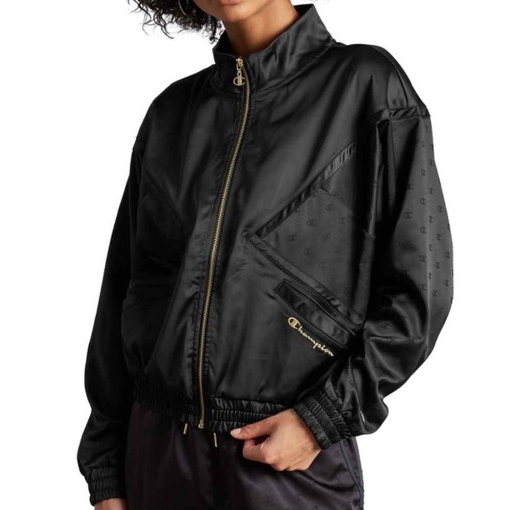 Women’s Champion life Satin Jacket, Gold Lurex Logo